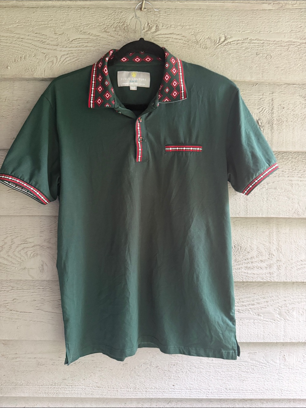 Men's Dark Green Polo with Red Patterned Trim